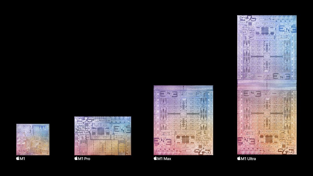 Schémas des puces Apple silicon de la famille M1, avec M1 Max, M1 Pro et M1 Ultra